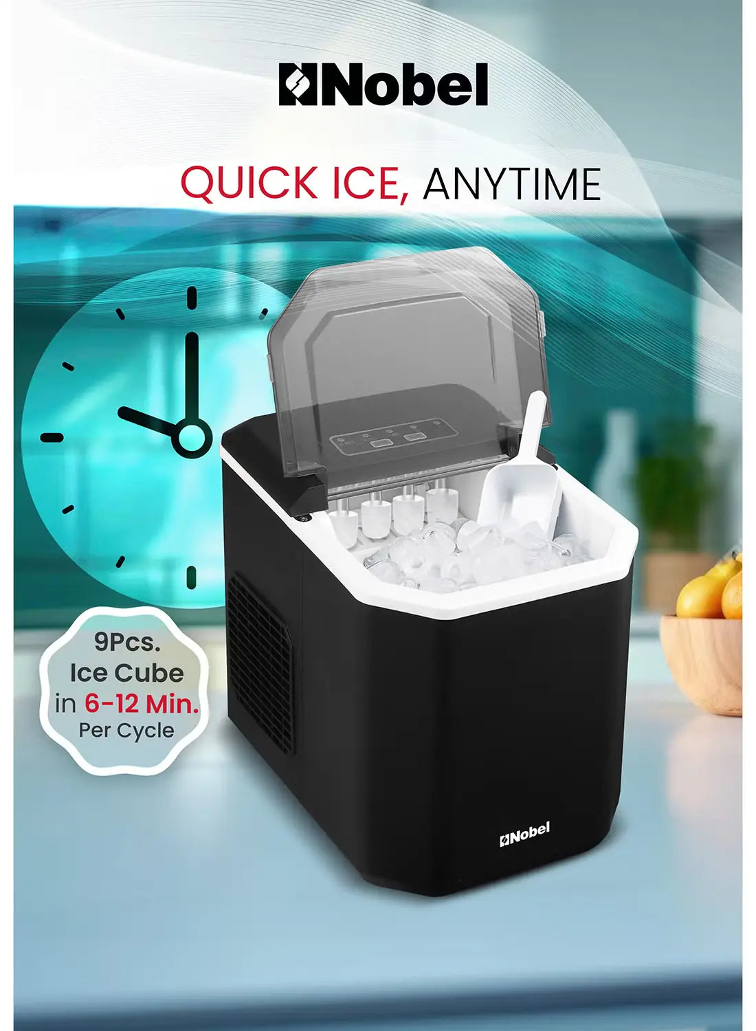 Nobel Ice Maker, 12Kgs 25°C Ice Capacity Daily, 1.3L Water Tank Storage, Bullet Ice Cube Shape, Water Shortage Indicator,Infrared Sensor, LED Display, R600a Refrigerant 12 kg 100 W NIM15S - BlackKitchen Appliances❄️ 12kg Daily Ice Capacity: Quickly produc